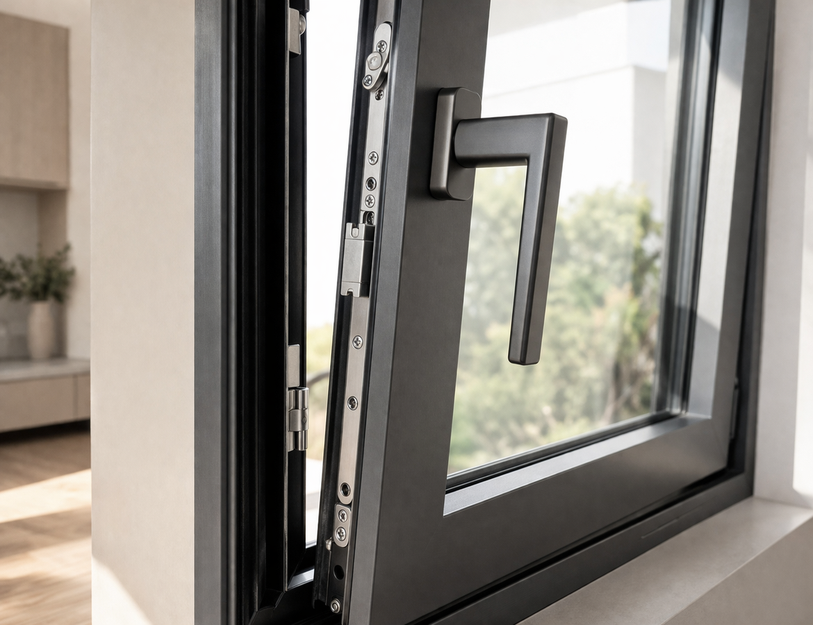 detalle de herrajes en ventana de aluminio con apertura practicable