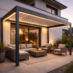pergola bioclimatica con iluminacion led integrada en terraza moderna al atardecer