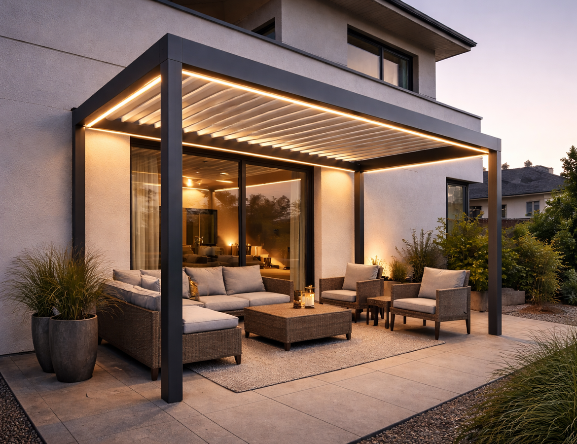 pergola bioclimatica con iluminacion led integrada en terraza moderna al atardecer