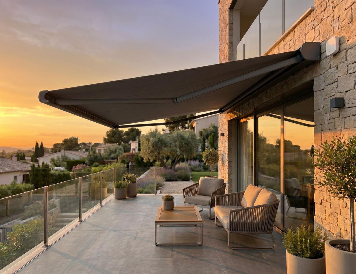 toldo cofre motorizado con sensor de viento y sol instalado en terraza moderna