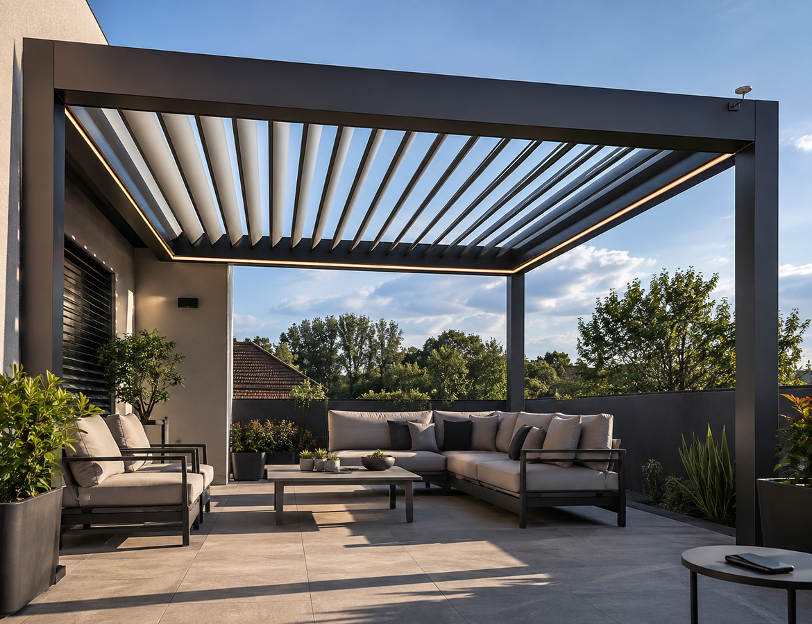 pergola bioclimatica moderna con lamas motorizadas iluminacion led y mando a distancia