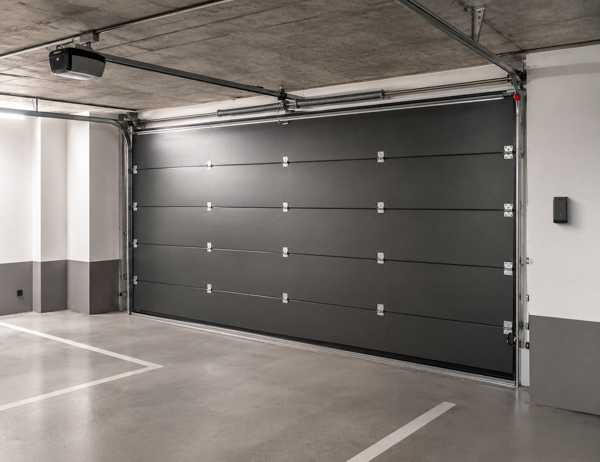 mando de acceso frente a puerta seccional de garaje comunitario moderna