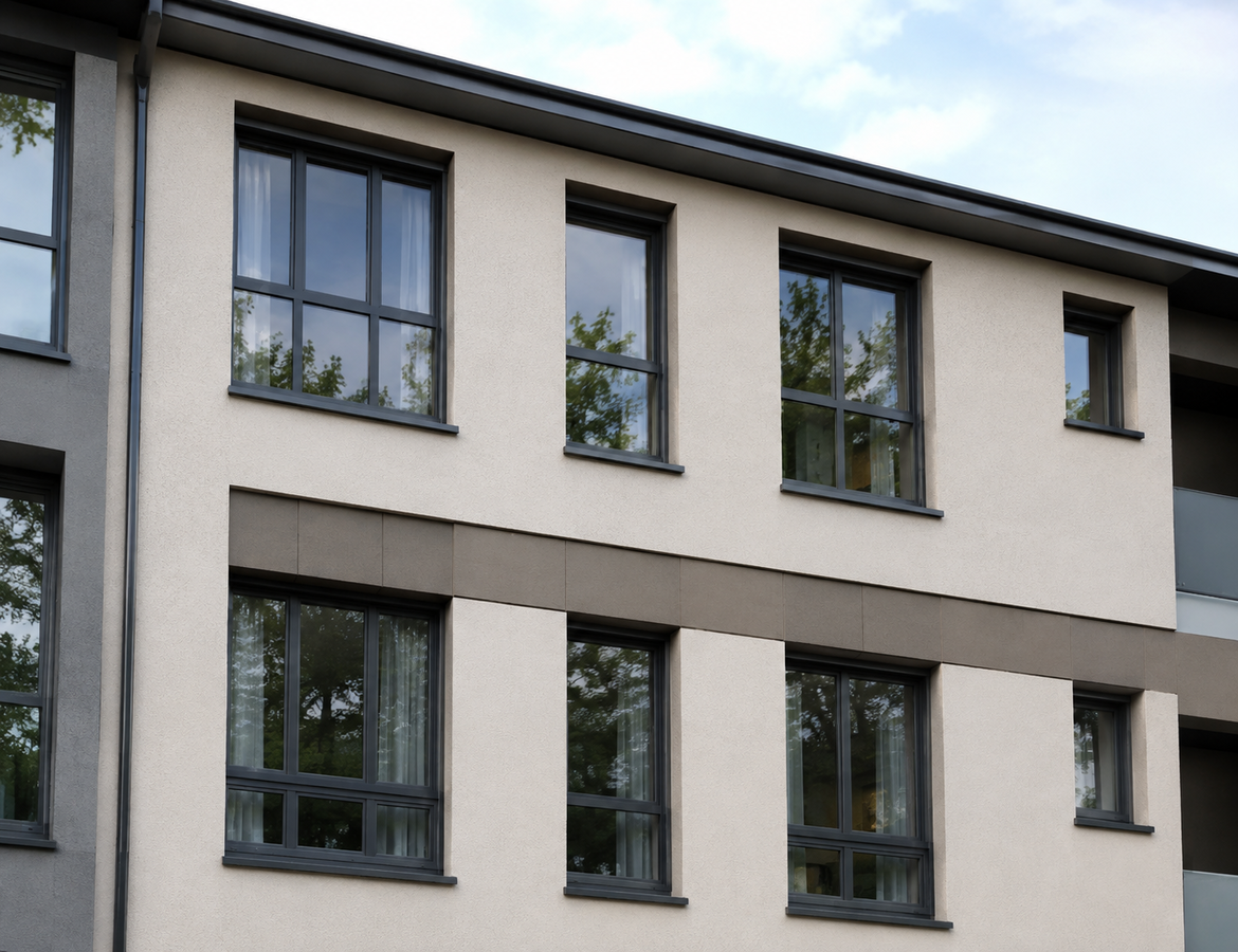 ventanas de aluminio renovadas en comunidad de vecinos con fachada uniforme