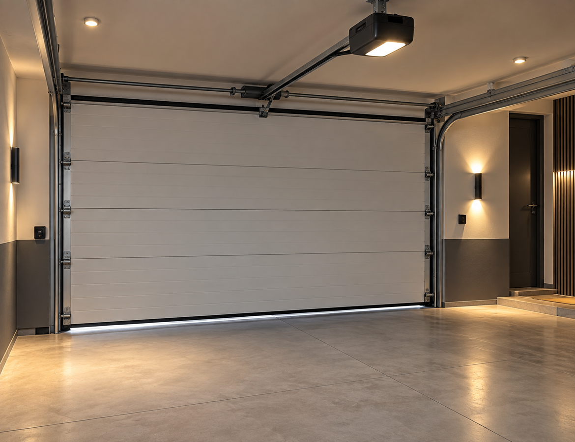 garaje moderno con puerta seccional e iluminacion automatica mediante sensores