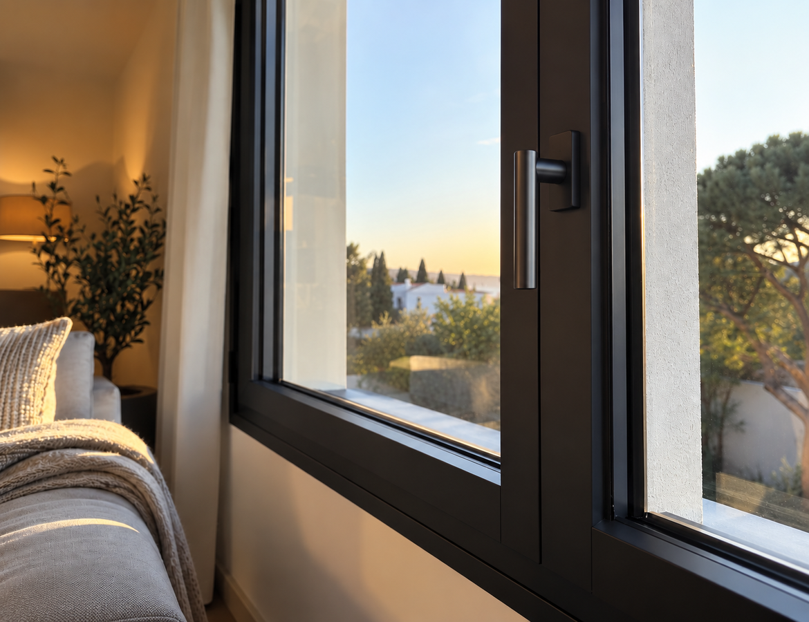 detalle de manilla moderna y acabado resistente en ventana de aluminio