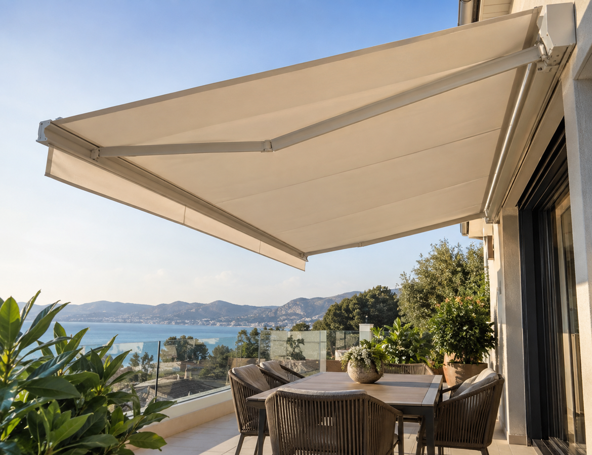 toldo extensible limpio y bien tensado en terraza durante el verano